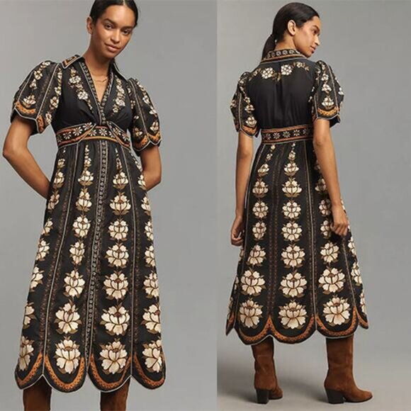 NEW Farm Rio Embroidered Floral Puff Short Sleeves Midi Dress Black Size: Small - Picture 7 of 7